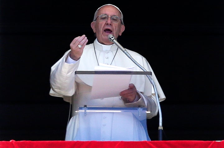 Pope Francis talks as he leads the Regina Caeli prayer in Saint Peter's Square at the Vatican April 17, 2017.
