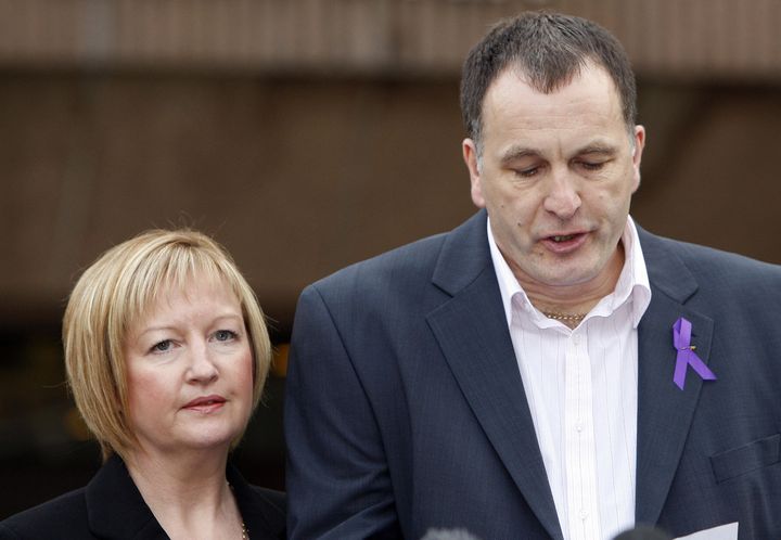 Melanie and Stephen speaking outside court in 2008, shortly after an 18-year-old gang member was convicted for the murder of their son