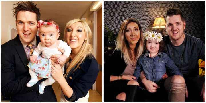 Left: The family shortly after appearing on 'One Born' in 2012. Right: The family now, five years later.