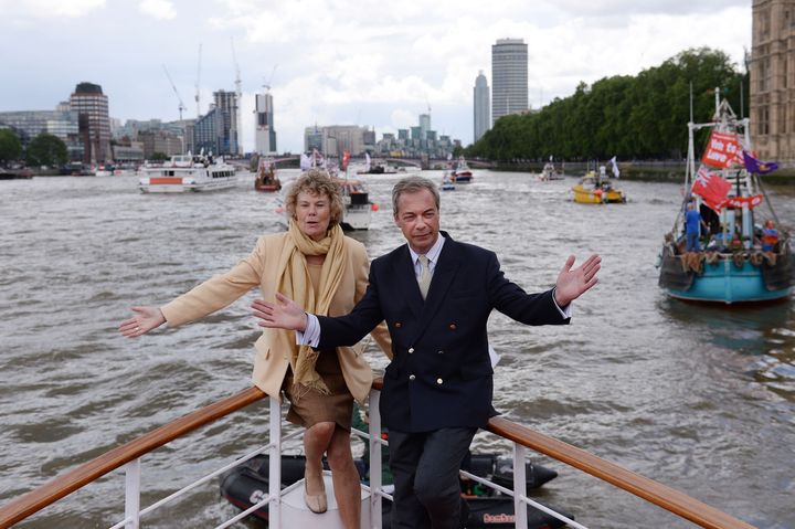 Nigel Farage and Kate Hoey on board a boat taking part in a Fishing for Leave pro-Brexit "flotilla" on the River Thames during the referendum campaign.