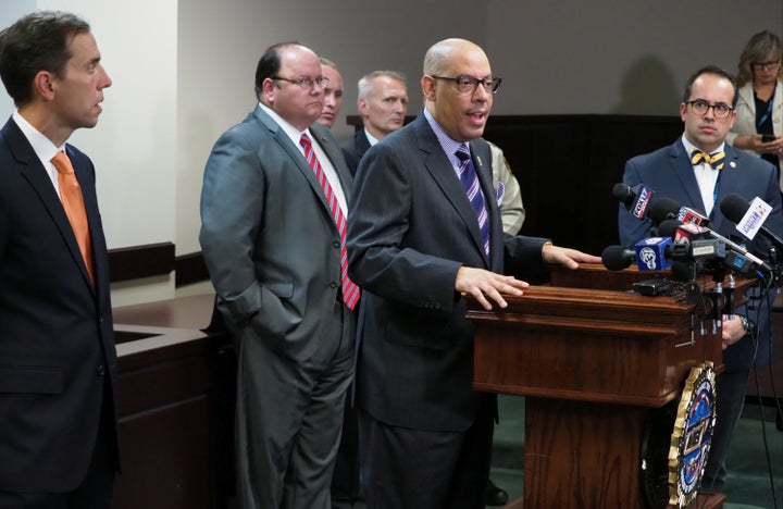 Director of the Tennessee Bureau of Investigation Mark Gwyn announcing the arrest of Tad Cummins in northern California, during a news conference on April 20, 2017.