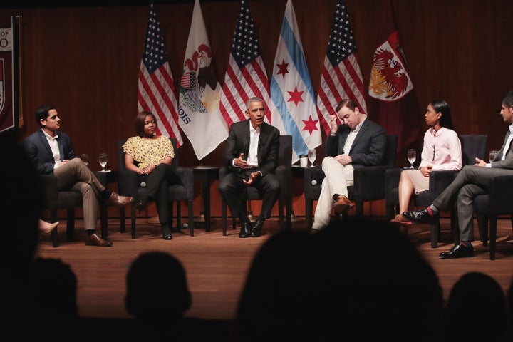 For his first formal public appearance since leaving office, Obama appeared on a panel with Chicago-area youth leaders.