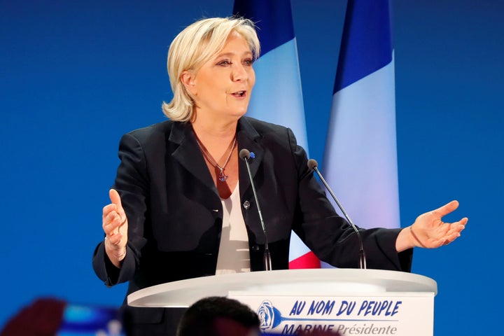 Marine Le Pen, French National Front political party leader and candidate for French 2017 presidential election, delivers a speech after early results in the first round of the election Sunday in Henin-Beaumont, France.