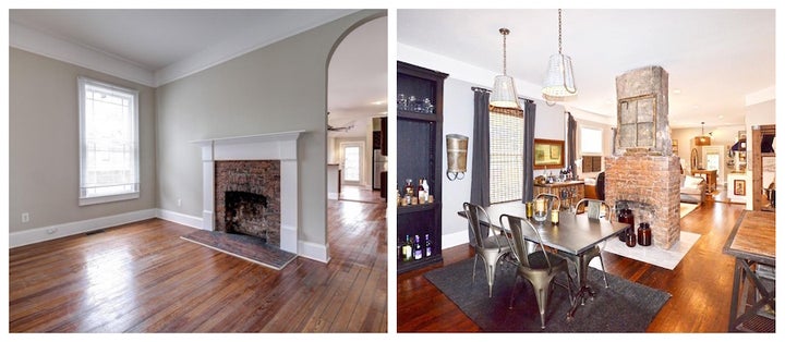 Living and dining room renovation in one of Josh and Joey’s projects, before and after