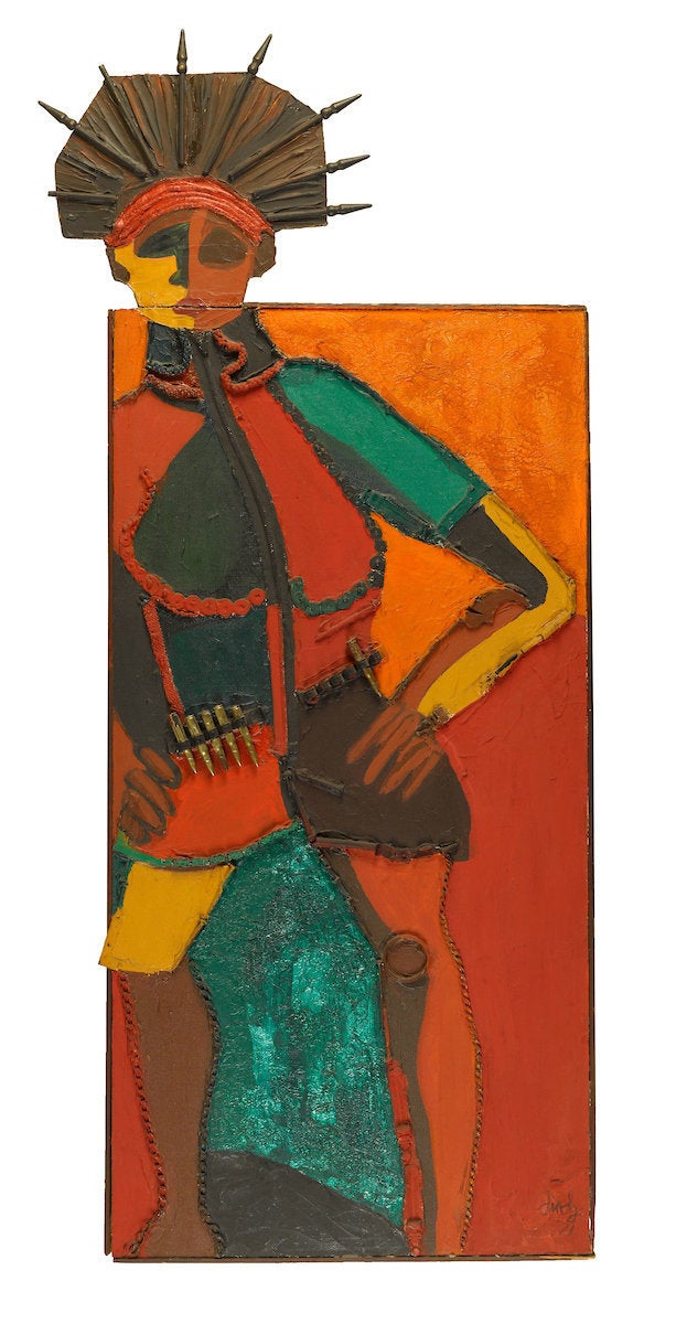 Dindga McCannon (American, born 1947). "Revolutionary Sister," 1971, mixed media construction on wood, 62 x 27 inches.&