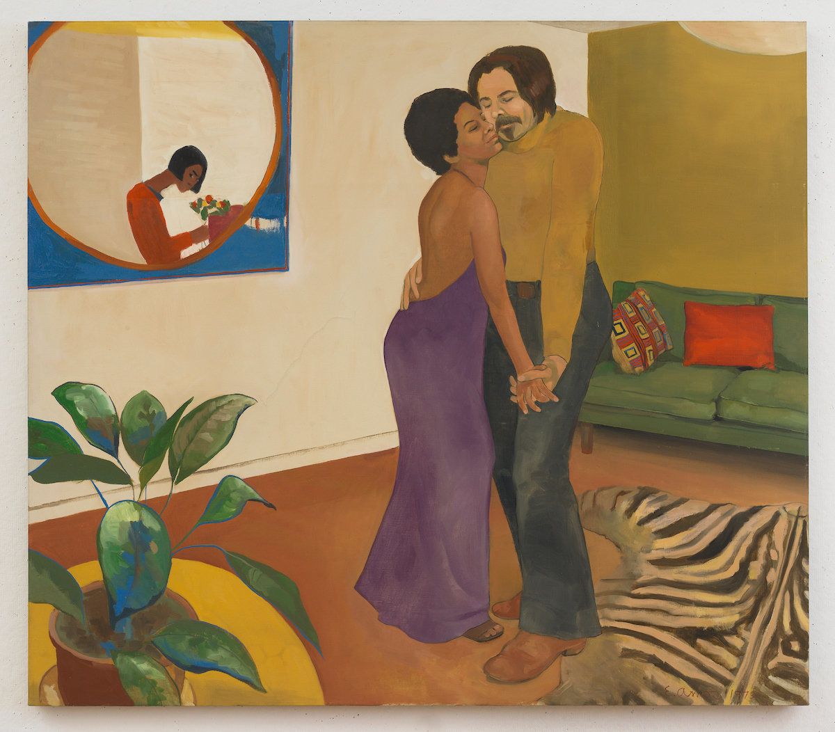 Emma Amos (America, born 1938), "Sandy and Her Husband," 1973, oil on canvas, 44.25 x 50.25 inches.