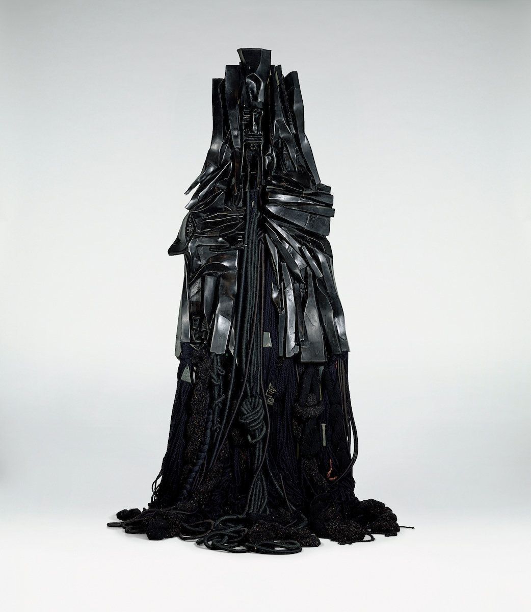 Barbara Chase-Riboud (American, born 1939), "Confessions for Myself," 1972, black patinated bronze with wool, 120 x 40 x 12 inches. 