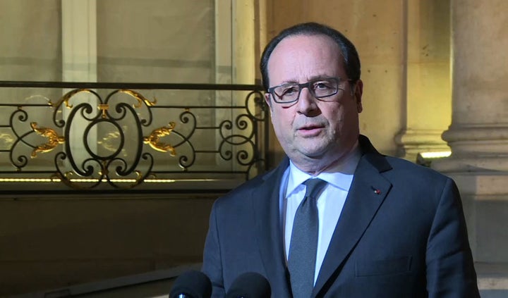 French President Francois Hollande speaking during a statment at the Elysee Palace in Paris after a shooting on the Champs Elysees.