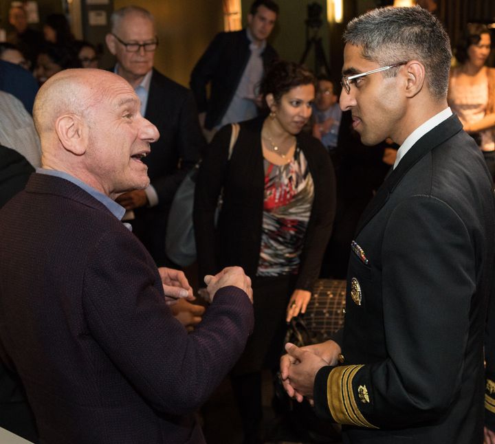 Surgeon general Vivek Murthy, right, and Marty Kaplan