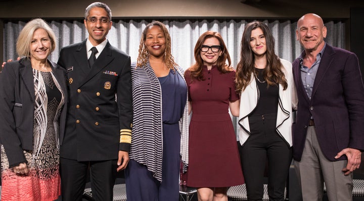 <p>From left: Kate Folb, director of Hollywood, Health & Society; surgeon general Vivek Murthy; <em>Grey's Anatomy</em> executive producer Zoanne Clack; <em>Mom</em> writer/producer Gemma Baker; addiction recovery educator Cortney Lovell; Marty Kaplan</p>