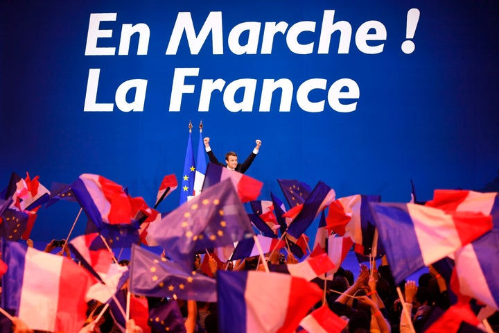 French presidential candidate for the "En Marche!" movement Emmanuel Macron celebrates after the first round of the presidential election.