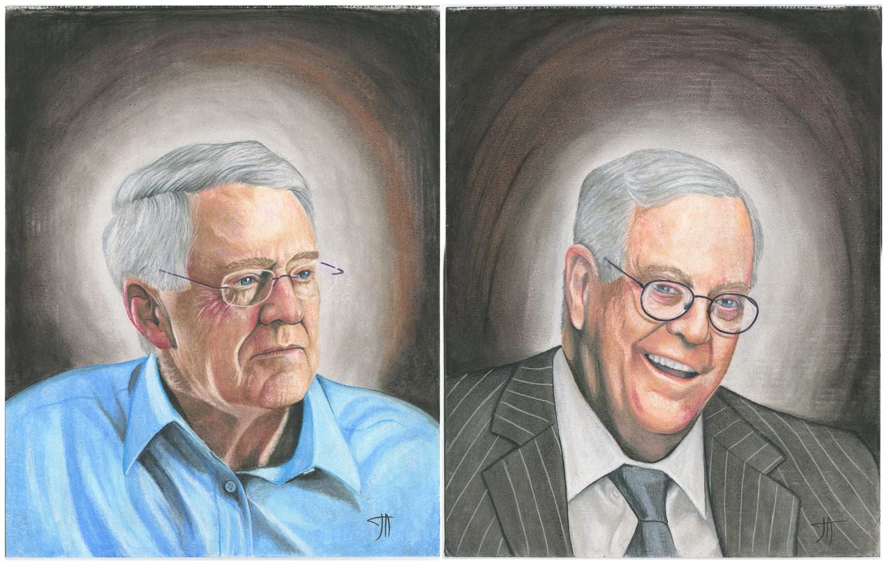 Artist Joseph Acker (Prison ID #15967538) drew CEO and VP of Koch Industries, Charles and David Koch, respectively. The "Captured" project has accused the Koch brothers of Illicit payments, supporting terrorism, bribing judges and legislators, mass deception, public endangerment and rigging the system. Acker is currently serving 10 years for receiving stolen goods (first degree), ID theft (altered passports, two counts), and being a felon in possession of body armor (one count). Read more here.