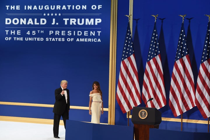 President Donald Trump and first lady Melania Trump during the Salute to Our Armed Services Inaugural Ball at the National Building Museum in Washington, Jan. 20, 2017.