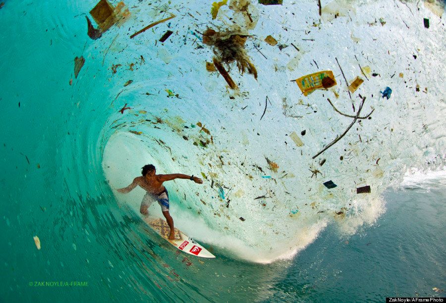 In 2012, photographer Zak Noyle captured the Indonesian surfer Dede Surinaya surfing in waters choked with trash off the coast of Java, Indonesia.