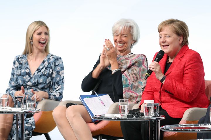 Ivanka Trump, daughter of US President Donald Trump, International Monetary Fund (IMF) Managing Director Christine Lagarde and German Chancellor Angela Merkel talk on stage at the W20 conference