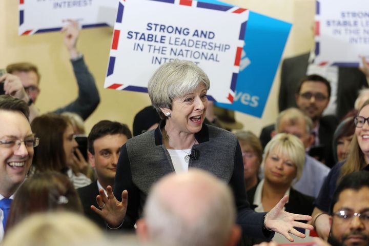 Theresa May delivers a stump speech on the campaign trail.