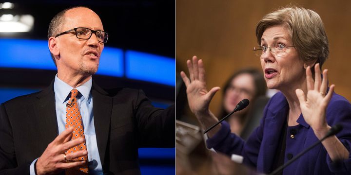 Democratic National Committee Chairman Tom Perez, left, now says Democrats who break with the party on abortion rights won't get any support from the national party. Meanwhile, Sen. Elizabeth Warren (D-Mass.), right, is on the side of congressional colleagues who have spoken out and said the party should not have a litmus test on the issue.
