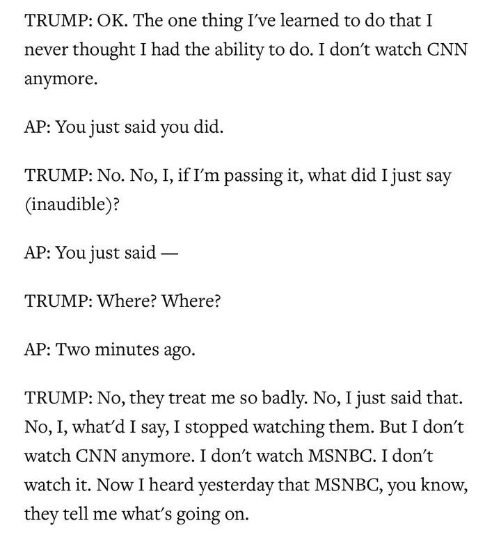 An excerpt from an interview with the president and AP White House Correspondent Julie Pace. Many have interpreted this exchange as a sign of cognitive decline (whether psychological or neurological or both) in the sitting Commander-in-Chief.