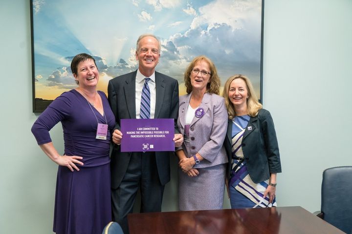 Advocates Heather and Charlotte Garrett, and Senator Jerry Moran of Kansas with PanCAN president and CEO Julie Fleshman at National Pancreatic Cancer Advocacy Day 2016