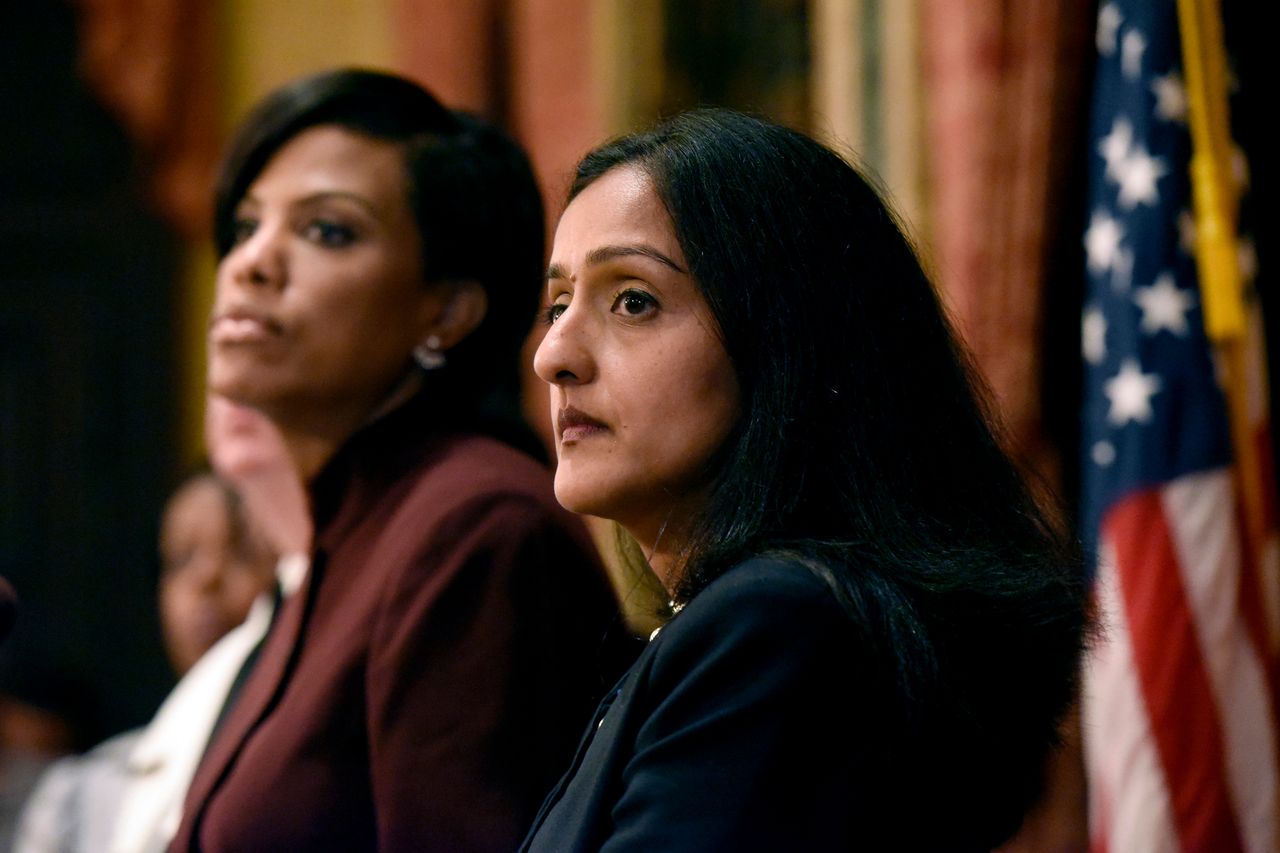 Vanita Gupta (right) and former Baltimore Mayor Stephanie Rawlings-Blake at a press conference announcing the Justice Department's investigation into the Baltimore Police Department in August.