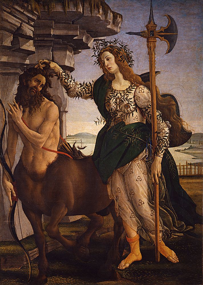Sandro Botticelli, Minerva and the Centaur, about 1482, tempera on canvas. Gallerie degli Uffizi, Florence. Courtesy, Museum of Fine Arts, Boston.