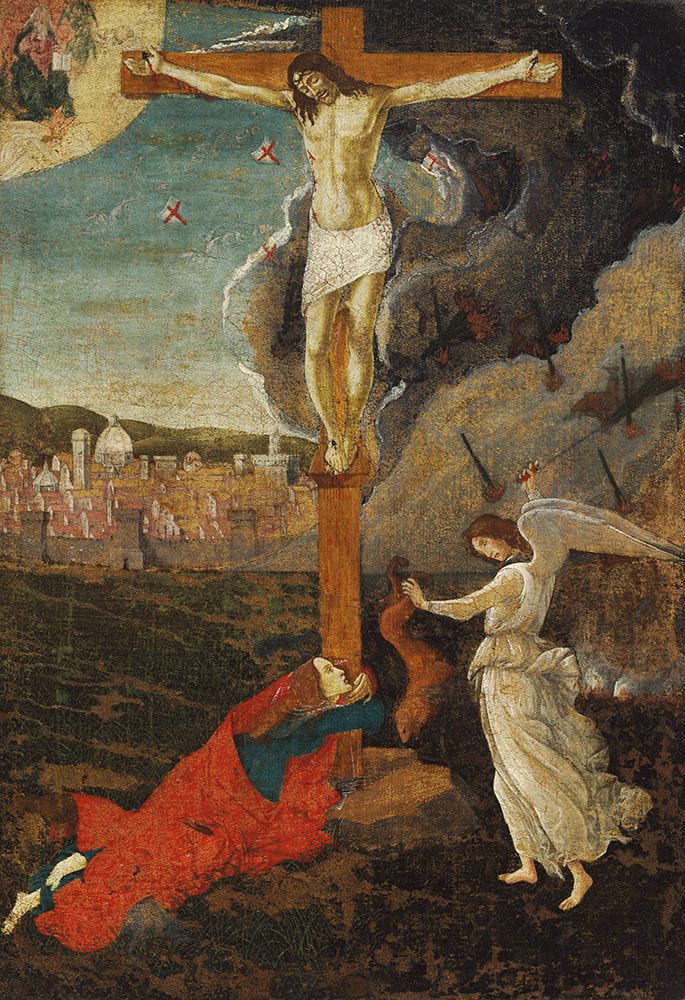 Sandro Botticelli, Mystic Crucifixion, about 1500, tempera and oil on canvas, (transferred from panel). Harvard Art Museums/Fogg Museum, Friends of the Fogg Art Museum Fund. Courtesy, Museum of Fine Arts, Boston.