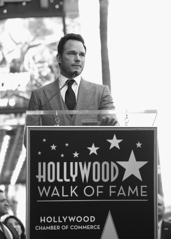HOLLYWOOD, CA - APRIL 21: (EDITOR'S NOTE: Image has been shot in black and white.) Actor Chris Pratt at the Chris Pratt Walk Of Fame Star Ceremony on April 21, 2017 in Hollywood, California. 