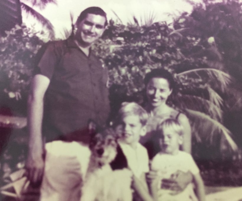 <em>Vintage family photo 1960’s with ‘Budge,’ Cynthia, Patrick, Mark and the family terrier, Cindy.</em>