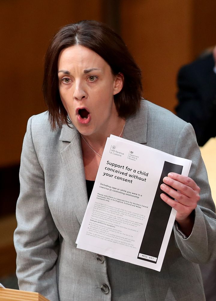 Scottish Labour leader Kezia Dugdale, in the main chamber of the Scottish Parliament, Edinburgh, during the debate against the UK Government's so-called 'rape clause' for tax credits