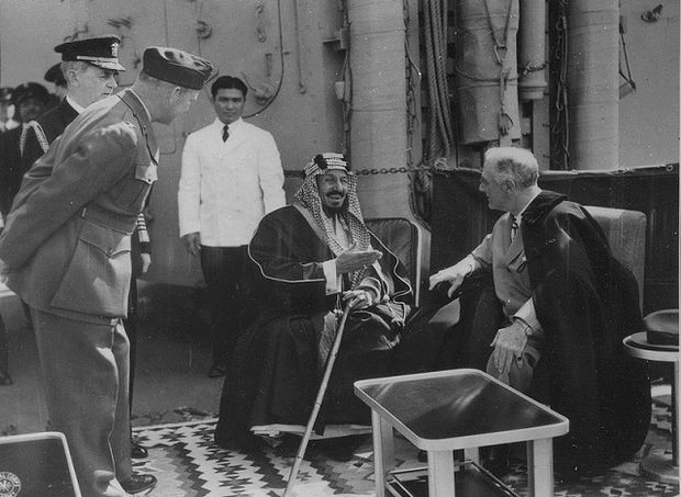 <p>Franklin D Roosevelt and King Ibn Saud of Saudi Arabia at Great Bitter Lake in Egypt in February 1945 (Wikicommons)</p>