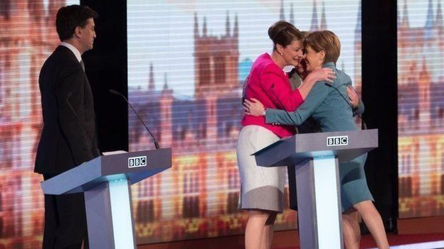 Ed MIliband watches as Sturgeon, Wood and Bennett hug after 2015 debate.
