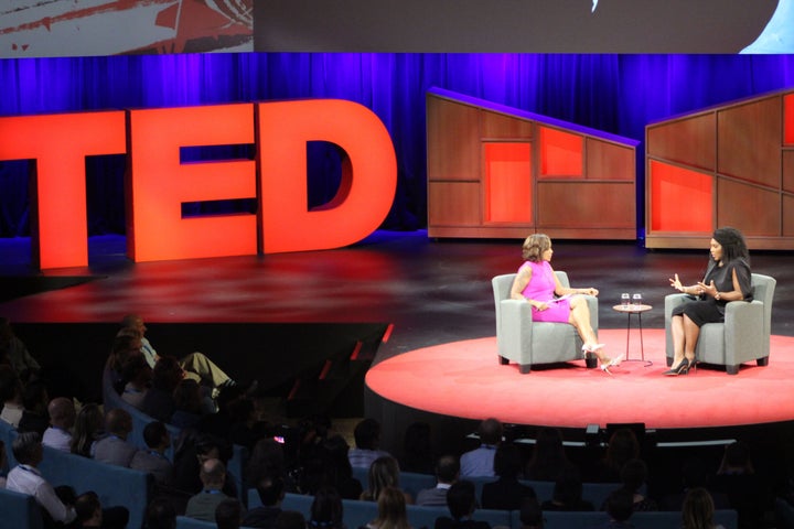 Serena Williams, right, discusses her tennis career and pregnancy with journalist Gayle King during the TED Conference o