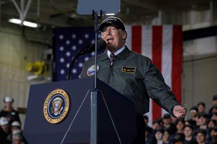 Trump aboard the pre-commissioned U.S. Navy aircraft carrier Gerald R. Ford at Huntington.