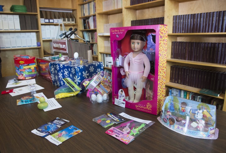 Examples of unsafe toys are shown during a press conference at the U.S. Public Interest Group as they release the 29th annual Trouble in Toyland report about dangerous or toxic toys in Washington in 2014. The report reveals the results of laboratory testing on toys for toxic chemicals, including lead, chromium and phthalates, as well as examples of toys that pose chocking hazards, extremely loud toys that can lead to hearing loss and powerful toy magnets which can cause serious injury if swallowed.