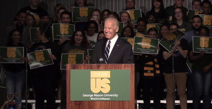Biden speaking to students at George Mason University. 