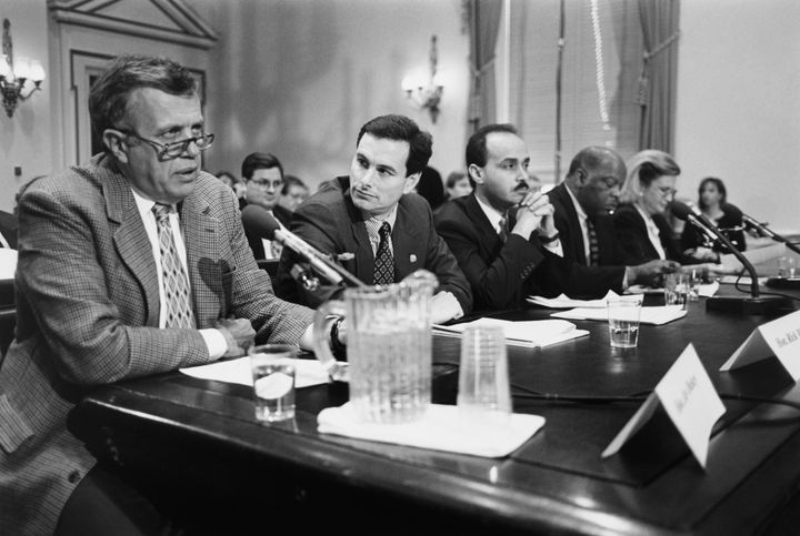 Rep. Jay Dickey (R-Ark.), at left, speaks at a House hearing in 1995. In the final years of his life, Dickey became a vocal proponent of gun violence research.