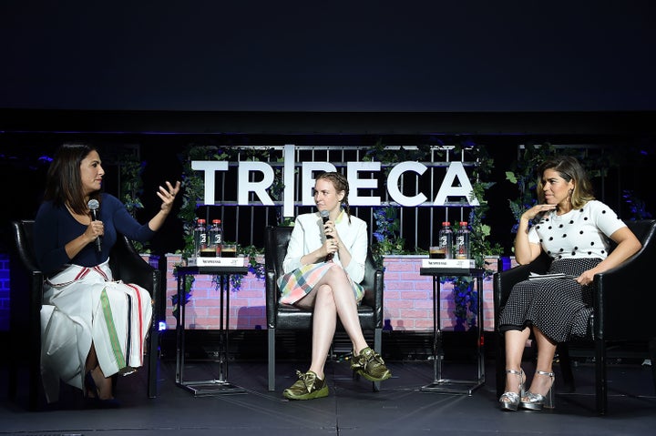 Lena Dunham in conversation with Jenni Konner and America Ferrera at the Tribeca Film Festival.