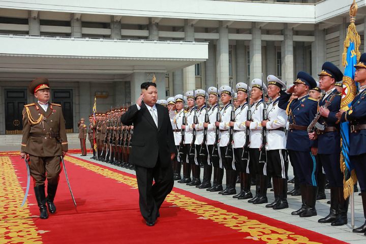 Kim Jong Un arrives for a military parade in Pyongyang marking the 105th anniversary of the birth of late leader Kim Il Sung. The day is treated as a holiday in North Korea and referred to as the