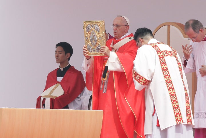 Pope Francis celebrates a Mass for the beatification of Paul Yun Ji-Chung and 123 martyr companions at Gwanghwamun Gate on August 16, 2014 in Seoul, South Korea.