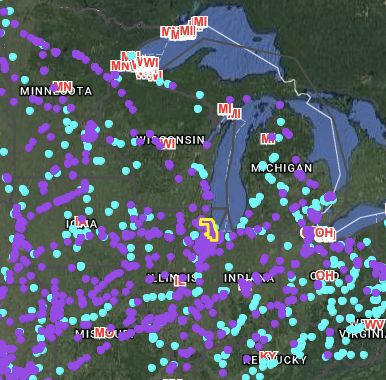 Accidents from liquid pipelines (purple dots) and gas pipelines (blue dots) since 2006.