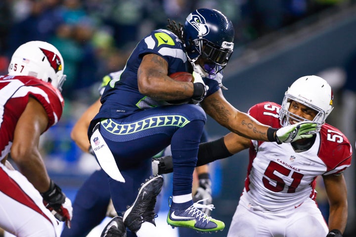 Marshawn Lynch, seen here in a November 2015 game against the Arizona Cardinals in Seattle, is finally coming home to play for the Raiders.