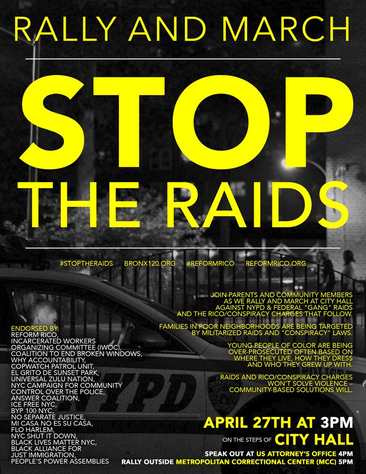 Flier for #StopTheRaids rally April 27th