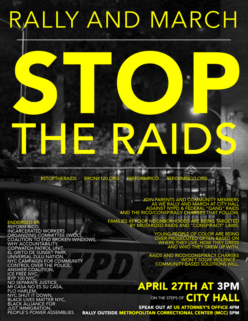 Flier for #StopTheRaids rally April 27th