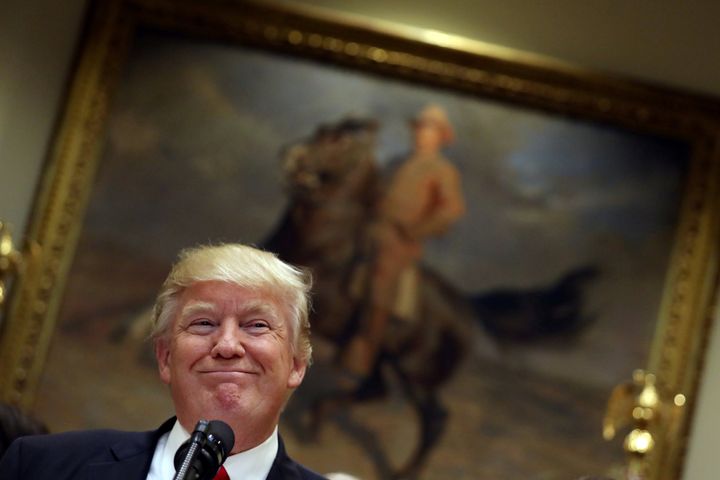 U.S. President Donald Trump speaks in front of a painting of President Theodore Roosevelt during an event with Governors prior to the signing of an executive order on education at the White House in Washington, DC, U.S. April 26, 2017.