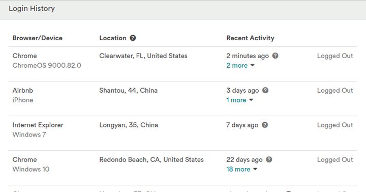 <p>This is our AirBnB "security log," where you can clearly see that someone was randomly logging into my account from China. Creepy!</p>