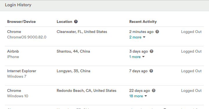 This is our AirBnB "security log," where you can clearly see that someone was randomly logging into my account from China. Creepy!