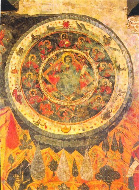 A fragment of a fresco from Svetitskhoveli, the Orthodox Cathedral of the Living Pillar in Georgia, depicting Jesus in the center of the Zodiac. Circa 17th century.