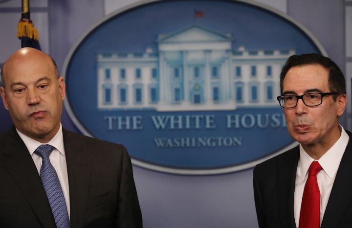 National Economic Director Gary Cohn (left) and Treasury Secretary Steven Mnuchin take questions while unveiling the Trump administration's tax reform proposal.