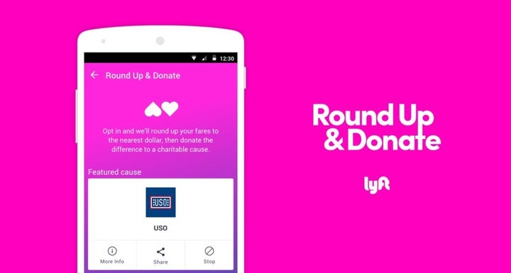 A screengrab of Lyft's new "Round Up & Donate" program, set to debut on Android devices May 1.