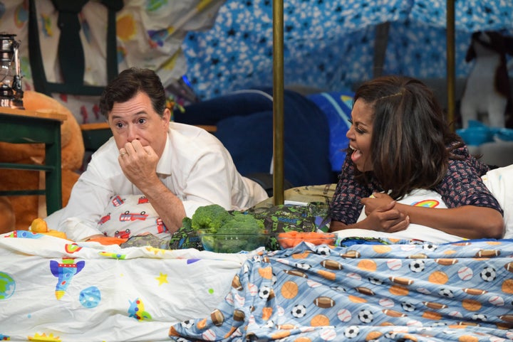 Former first lady Michelle Obama with Stephen Colbert in September.